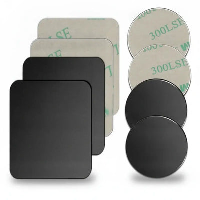Set of metal mounting plates for Magnetic Car Phone Holder, including various shapes and sizes for universal compatibility.