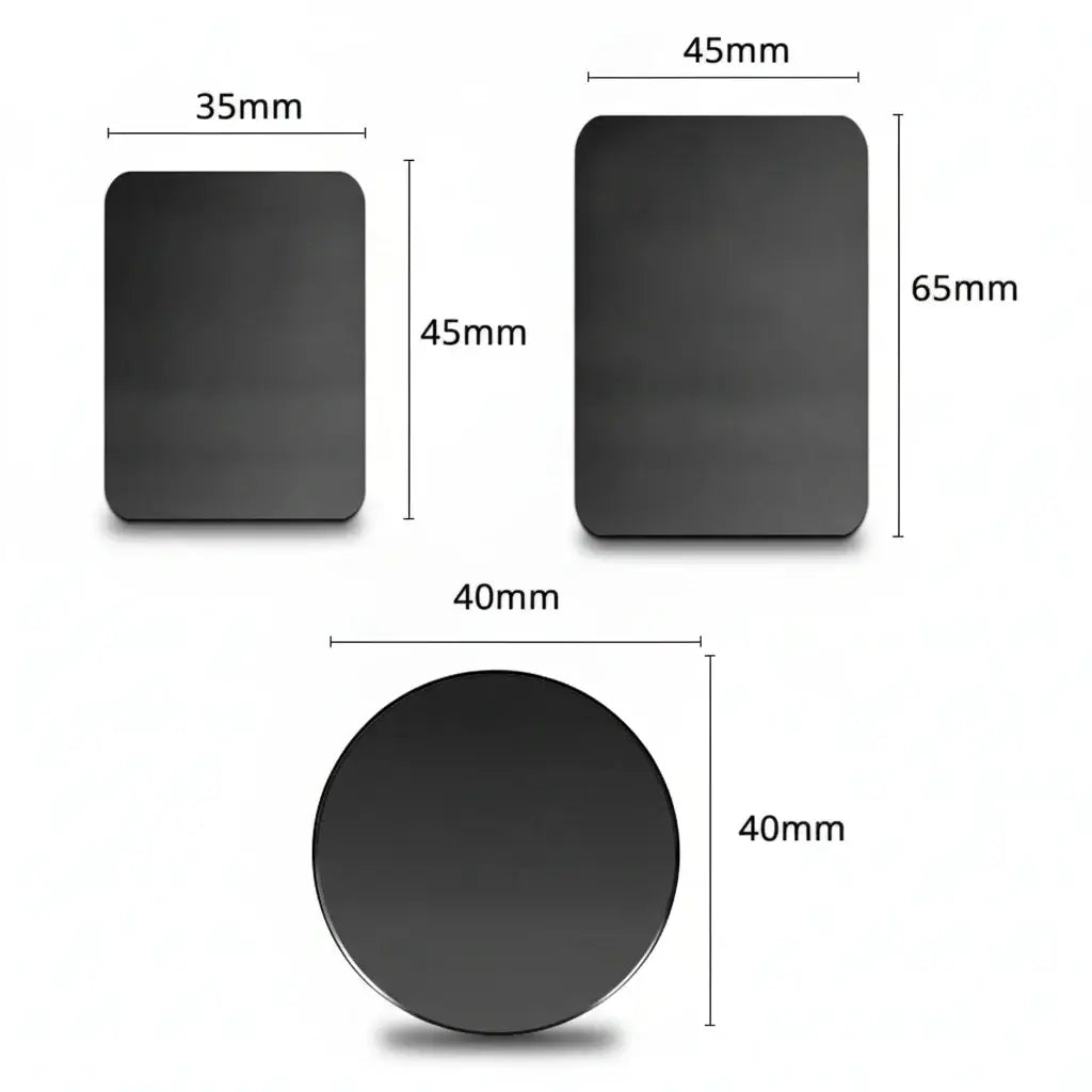Set of metal mounting plates for Magnetic Car Phone Holder, including various shapes and sizes for universal compatibility.