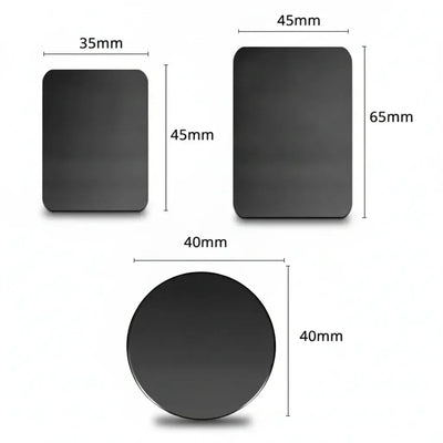 Set of metal mounting plates for Magnetic Car Phone Holder, including various shapes and sizes for universal compatibility.