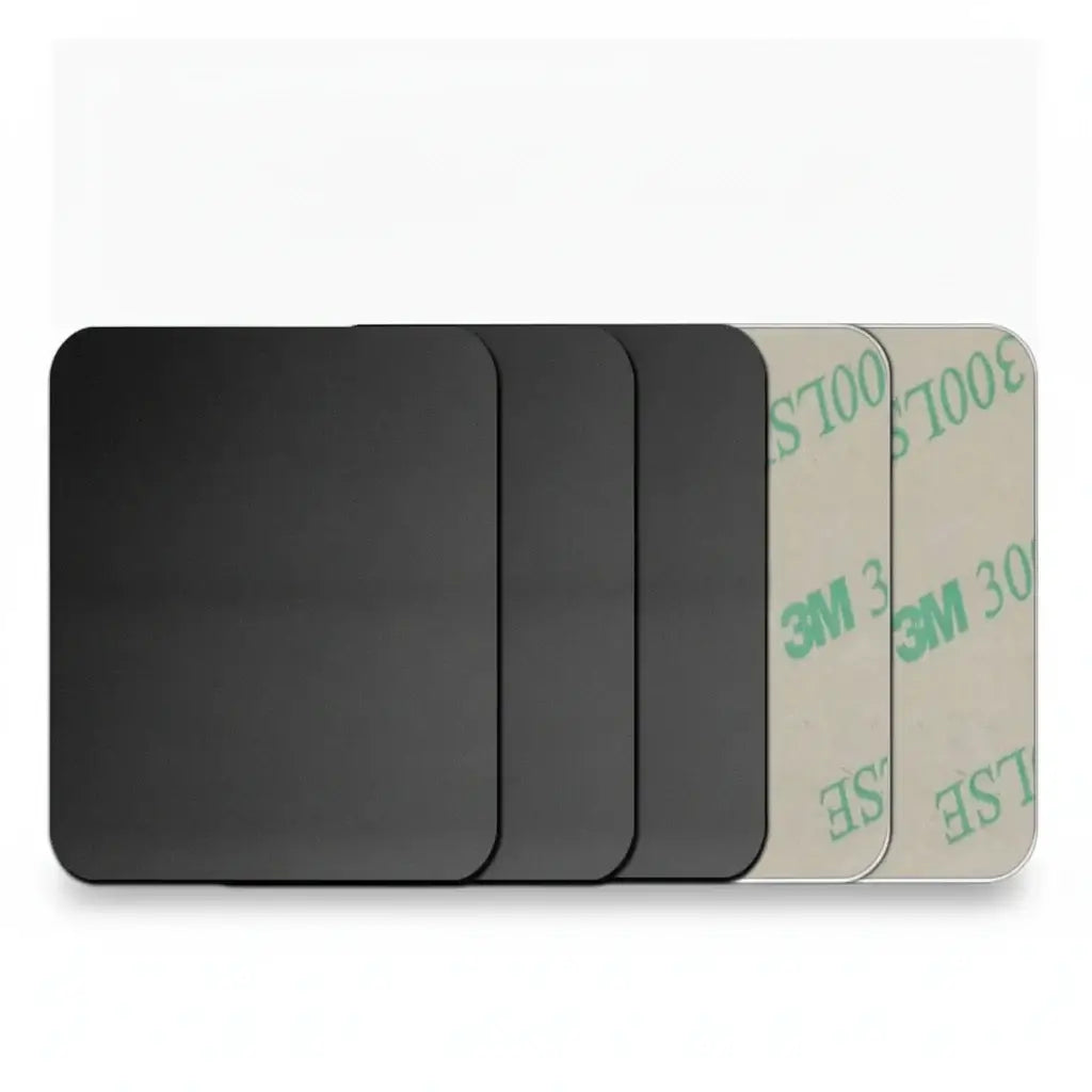 Set of metal mounting plates for Magnetic Car Phone Holder, including various shapes and sizes for universal compatibility.