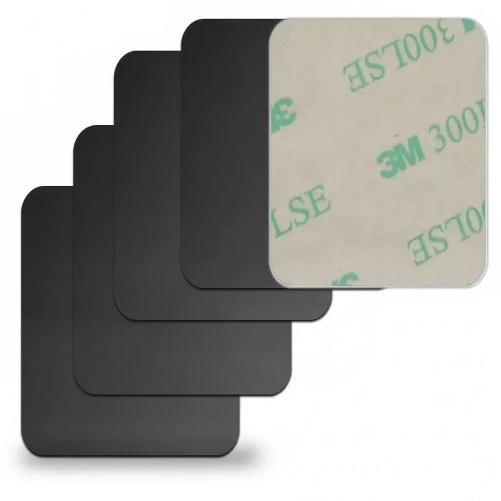 Set of metal mounting plates for Magnetic Car Phone Holder, including various shapes and sizes for universal compatibility.
