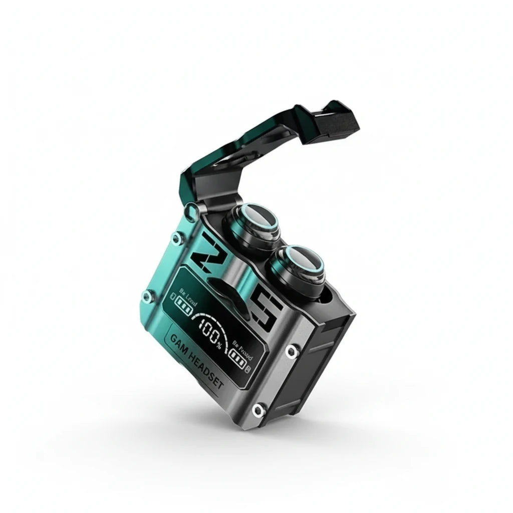Wireless Gaming Earbuds in charging case showing battery indicator and sleek design