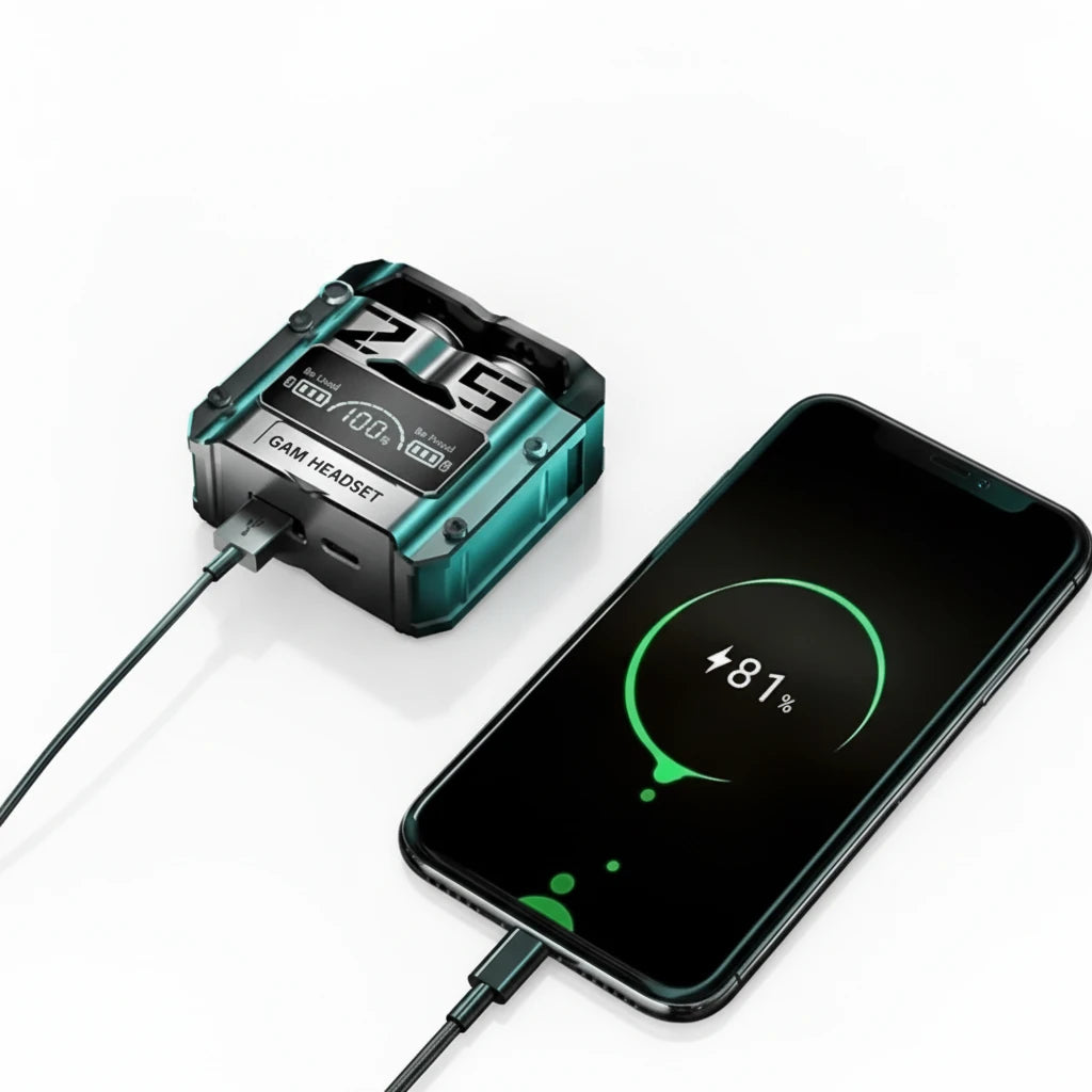 Wireless Gaming Earbuds in charging case showing battery indicator and sleek design