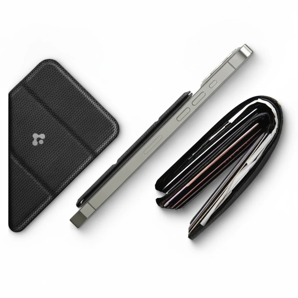  Spigen MagSafe Card Holder in black for carrying cards, designed for compatibility with iPhone.