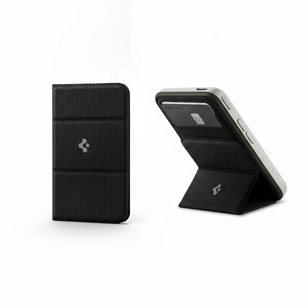  Spigen MagSafe Card Holder in black for carrying cards, designed for compatibility with iPhone.