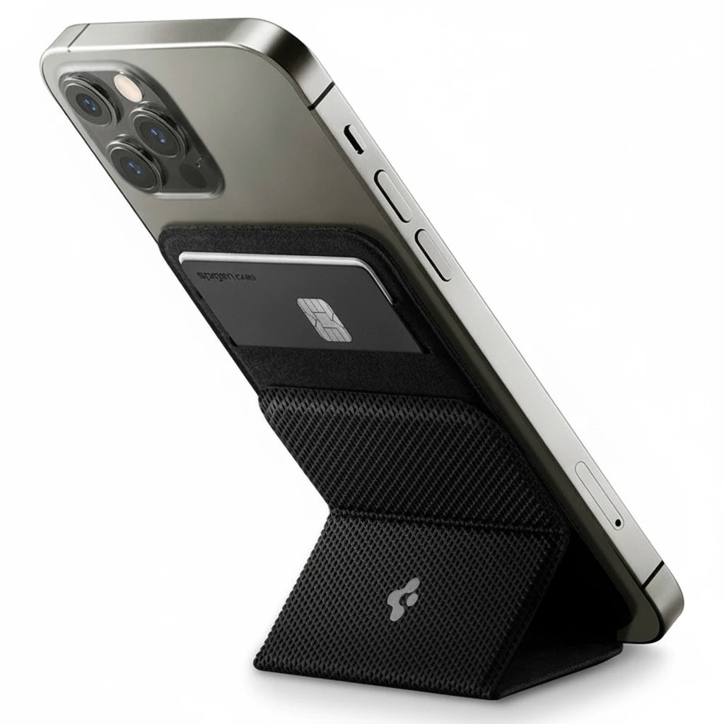  Spigen MagSafe Card Holder in black for carrying cards, designed for compatibility with iPhone.