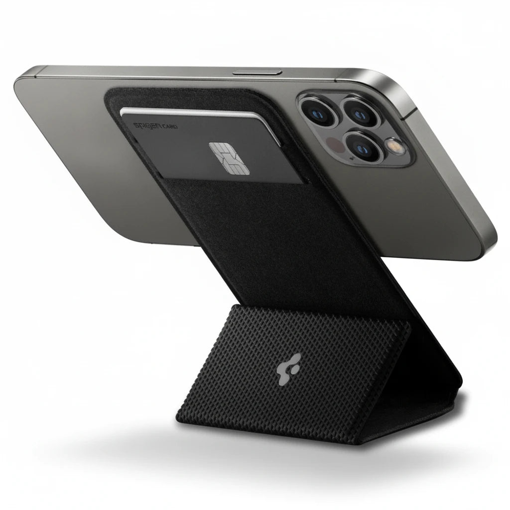 Spigen MagSafe Card Holder in black for carrying cards, designed for compatibility with iPhone.