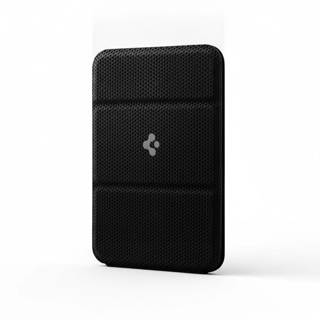  Spigen MagSafe Card Holder in black for carrying cards, designed for compatibility with iPhone.