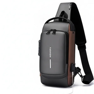 Anti-Theft USB Charging Chest Bag with Security Lock featuring a modern design and USB charging capability.