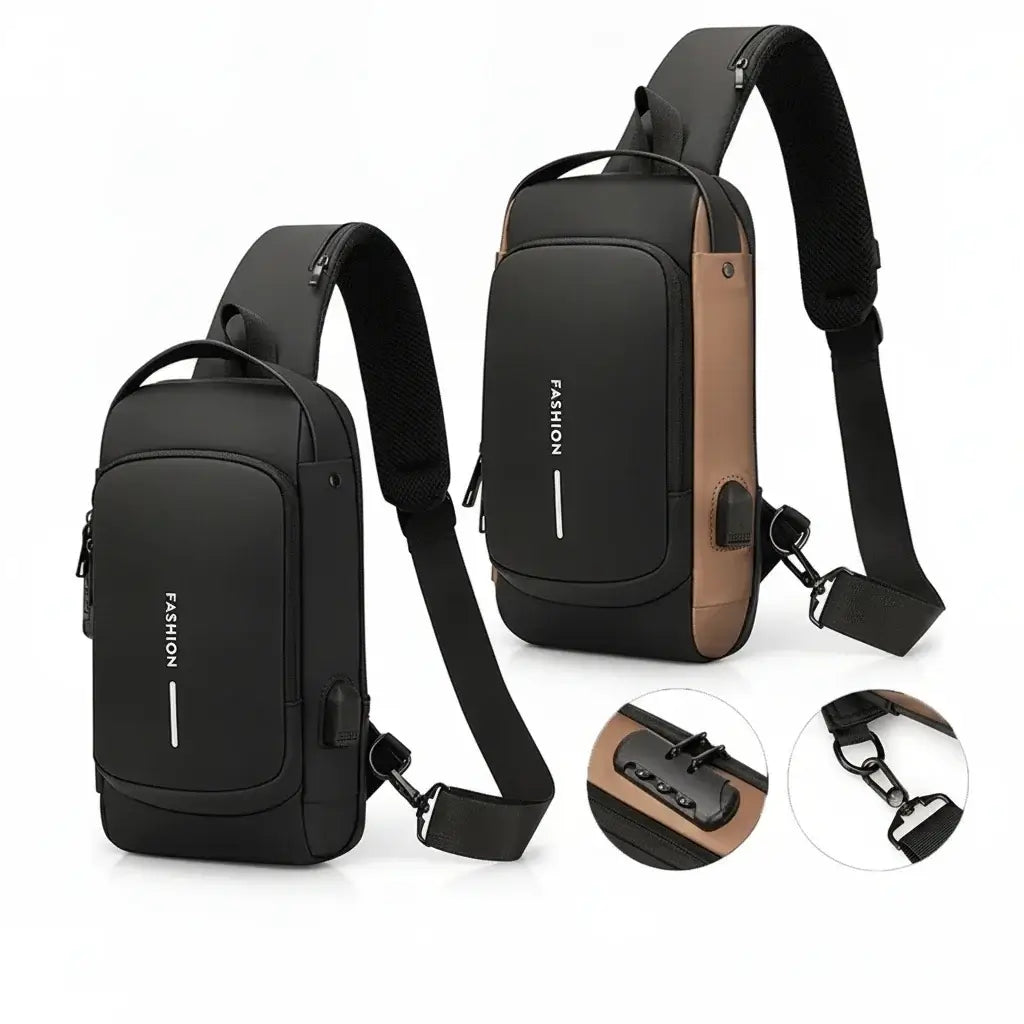  Anti-Theft USB Charging Chest Bag with Security Lock featuring a modern design and USB charging capability.