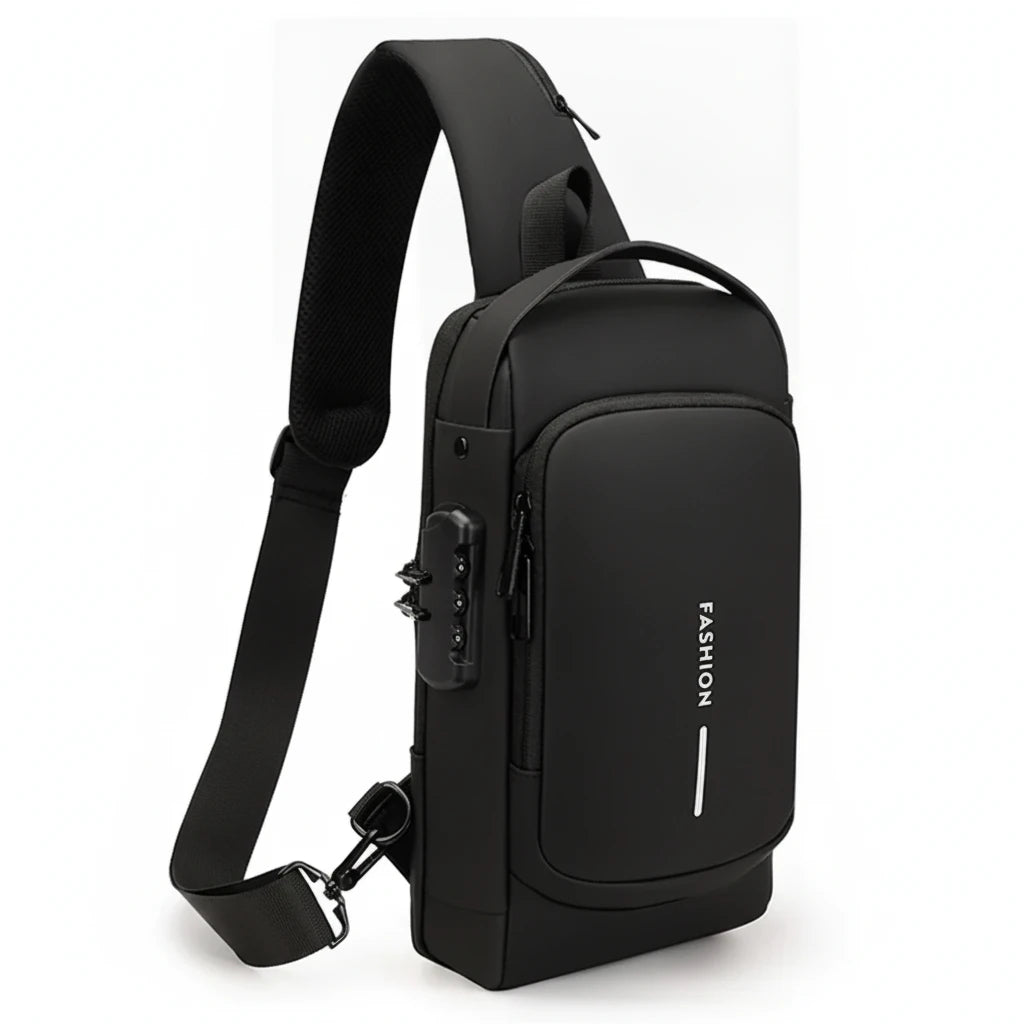  Anti-Theft USB Charging Chest Bag with Security Lock featuring a modern design and USB charging capability.