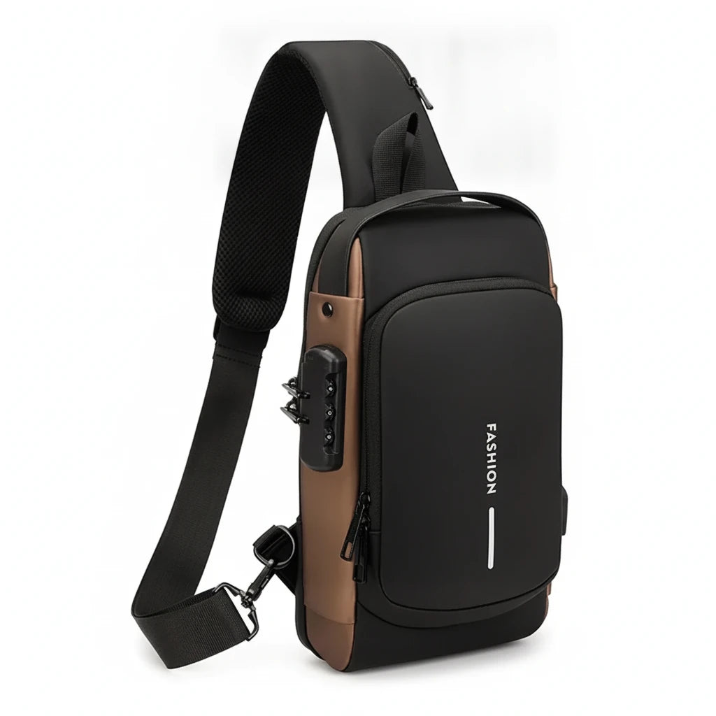  Anti-Theft USB Charging Chest Bag with Security Lock featuring a modern design and USB charging capability.