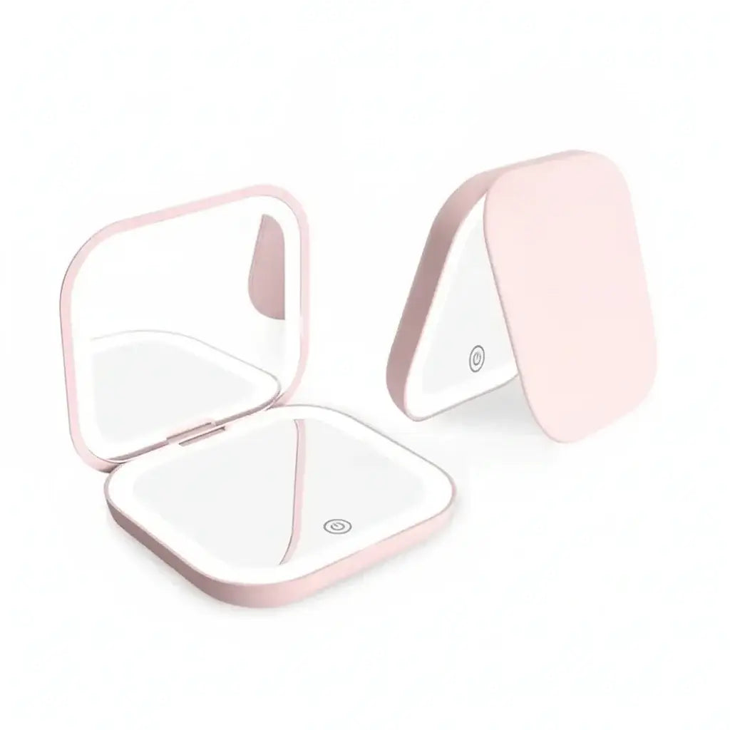 Portable LED Makeup Mirror with magnification, compact and travel-friendly design in pink.