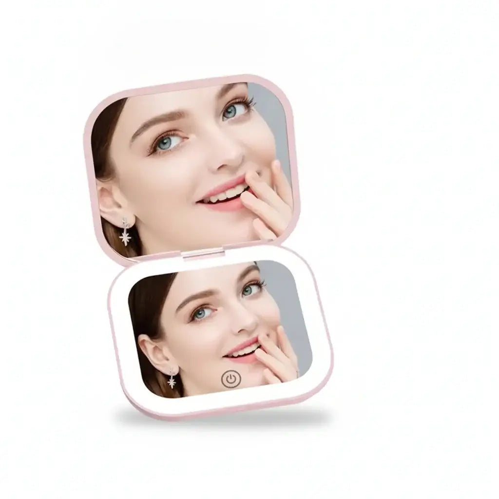  Portable LED Makeup Mirror with magnification, compact and travel-friendly design in pink.