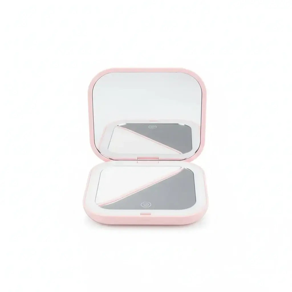  Portable LED Makeup Mirror with magnification, compact and travel-friendly design in pink.