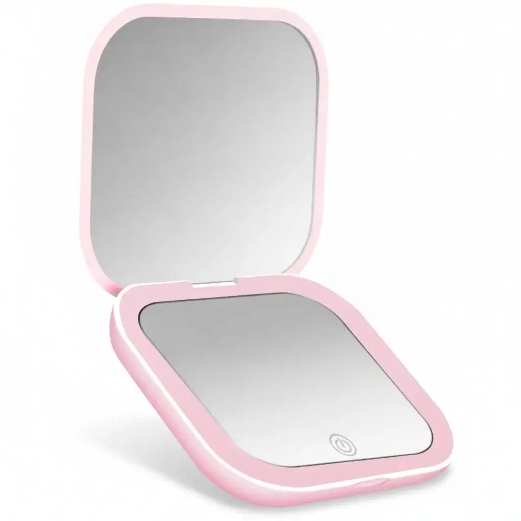  Portable LED Makeup Mirror with magnification, compact and travel-friendly design in pink.
