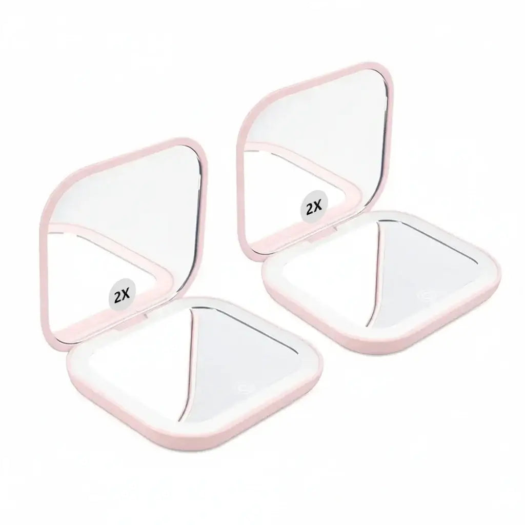  Portable LED Makeup Mirror with magnification, compact and travel-friendly design in pink.