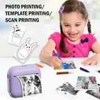 Mini portable printer in various colors surrounded by printed photos showcasing its versatile printing capabilities.