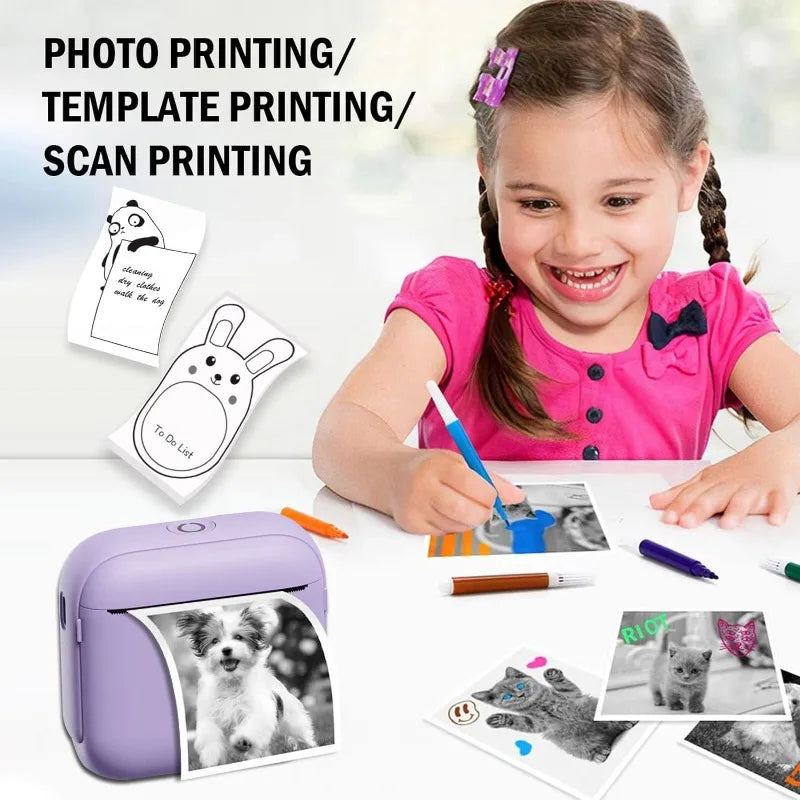 Mini portable printer in various colors surrounded by printed photos showcasing its versatile printing capabilities.