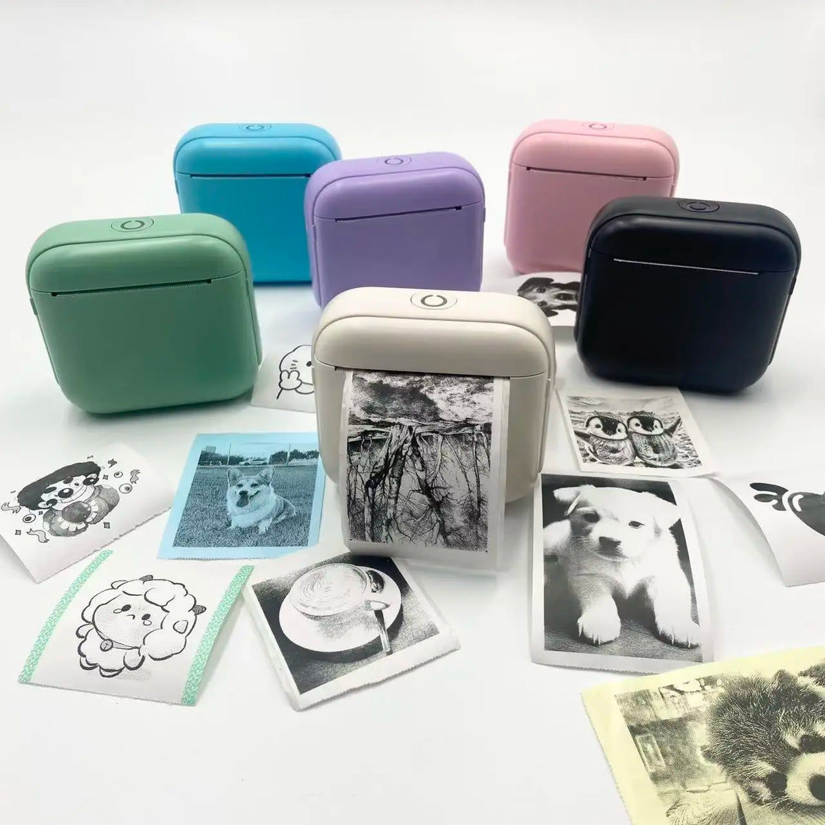 Mini portable printer in various colors surrounded by printed photos showcasing its versatile printing capabilities.