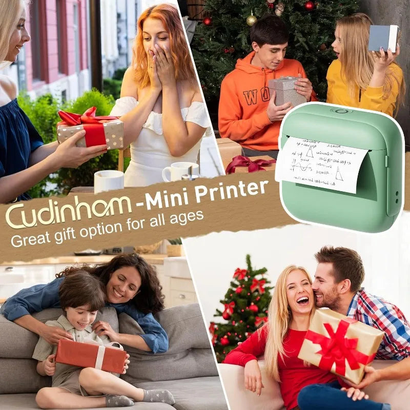 Mini portable printer in various colors surrounded by printed photos showcasing its versatile printing capabilities.