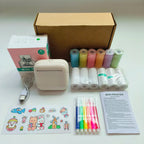 Mini portable printer in various colors surrounded by printed photos showcasing its versatile printing capabilities.