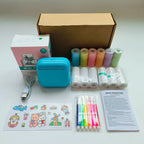 Mini portable printer in various colors surrounded by printed photos showcasing its versatile printing capabilities.