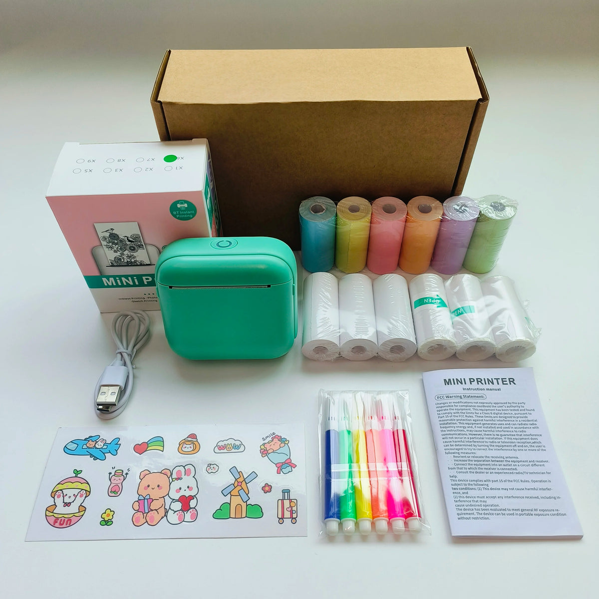 Mini portable printer in various colors surrounded by printed photos showcasing its versatile printing capabilities.