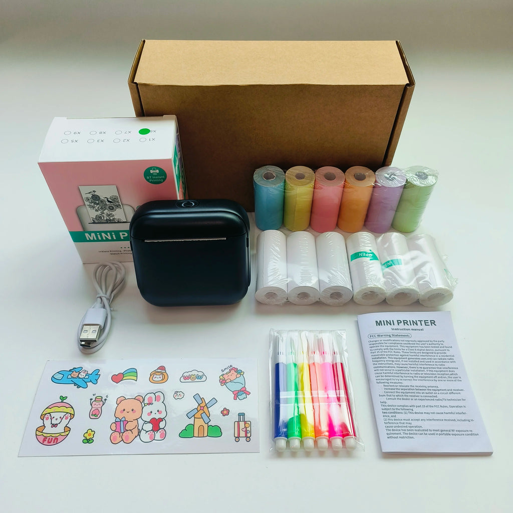 Mini portable printer in various colors surrounded by printed photos showcasing its versatile printing capabilities.