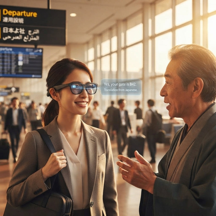 A person wearing AI smart glasses having a conversation with someone in an airport terminal to represent real-time translatio