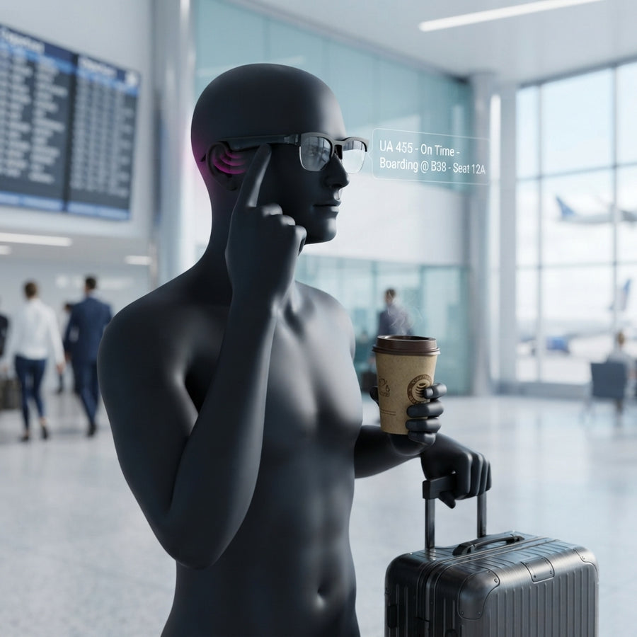 A professional wearing smart glasses taps the frame while holding a coffee and luggage in an airport terminal.