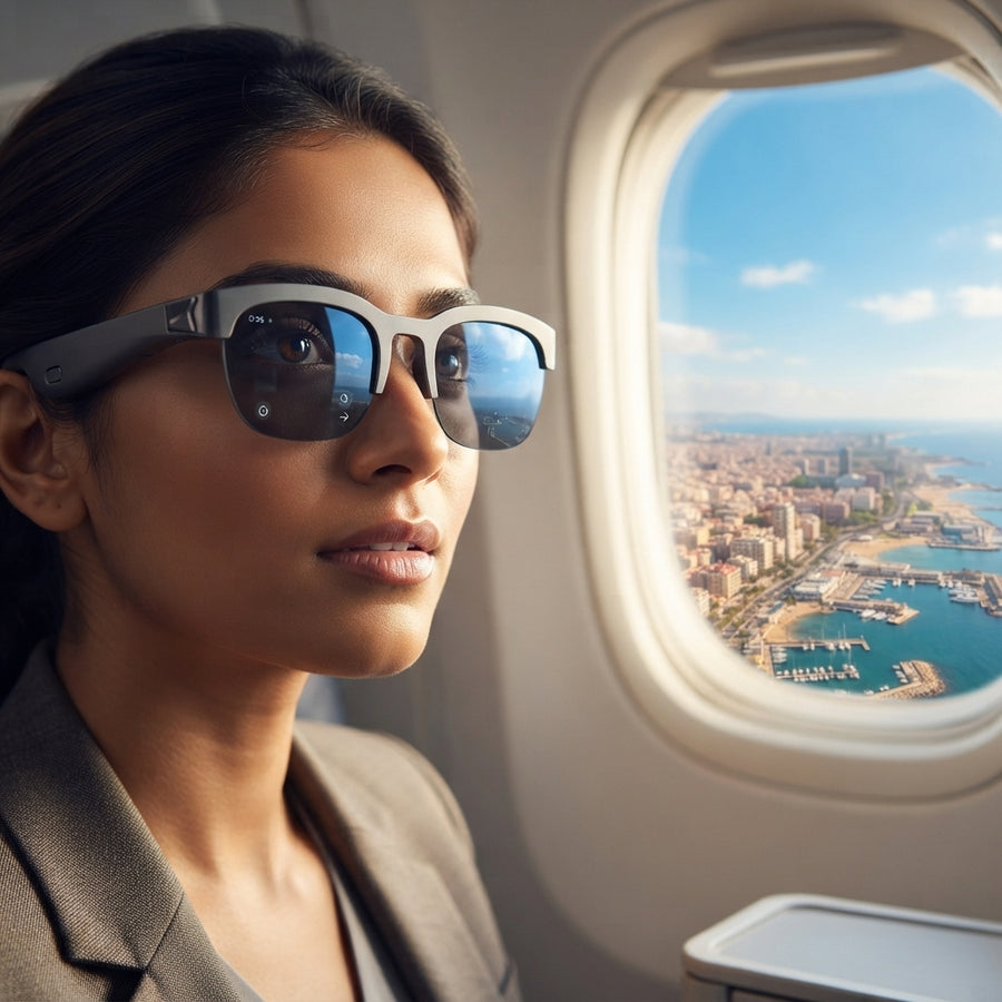 A person wearing sleek smart glasses looking out an airplane window at a bright coastal city, highlighting the clear polarize