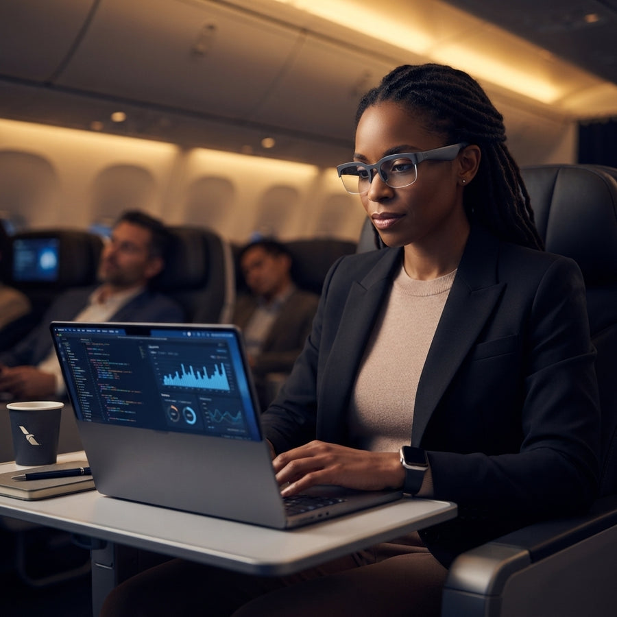 A diverse person wearing smart glasses while working on a laptop during a flight to represent long battery life.